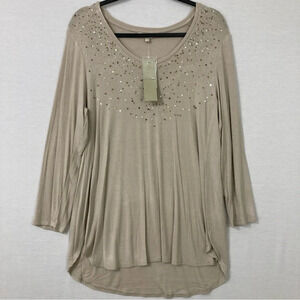 New Joan Vass Cream Beige Embellished Soft Flowy Round Neck Top Large